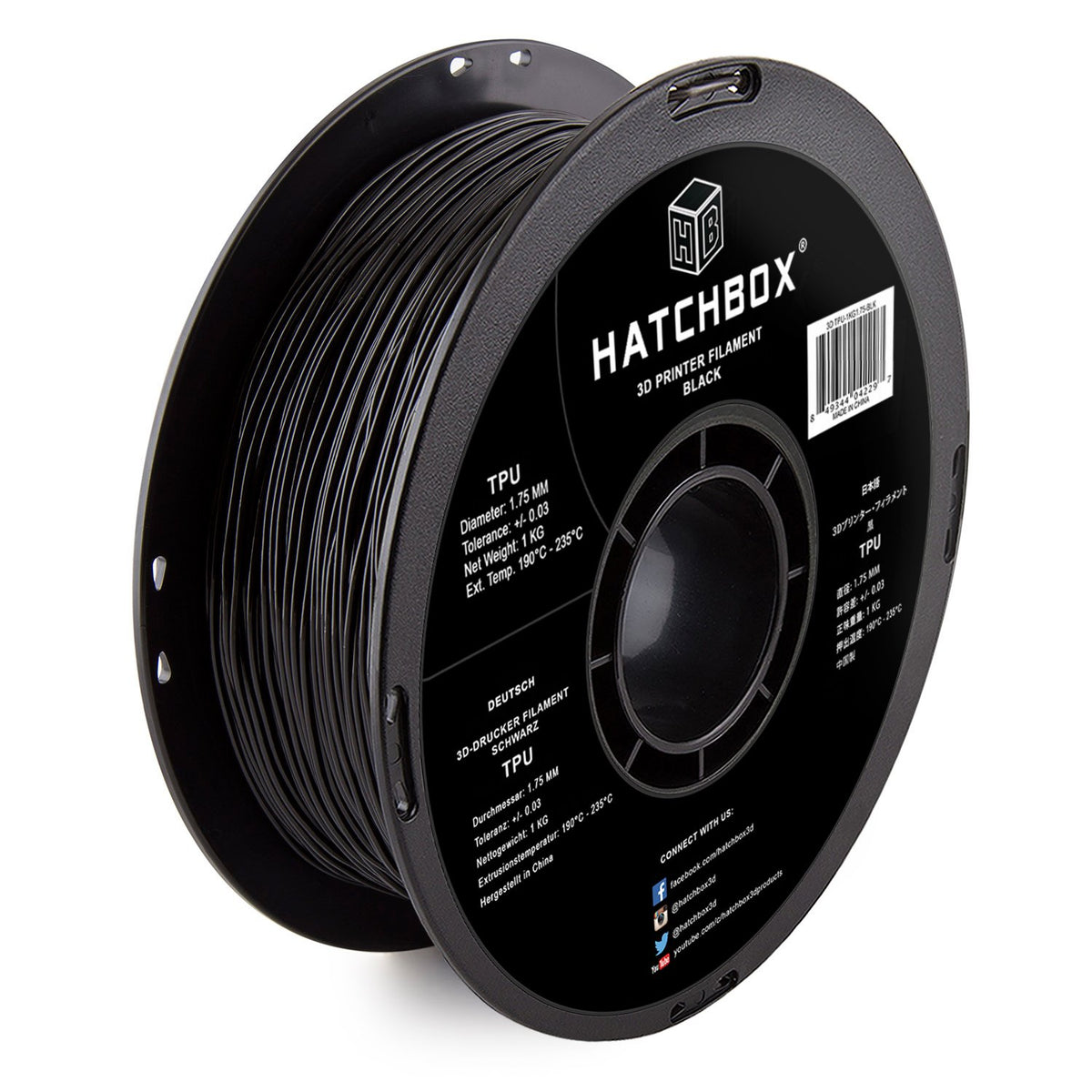 HATCHBOX 1.75mm Black TPU 3D Printer Filament Shore 95A, 1 KG Spool, Dimensional Accuracy +/- 0.03 mm, 3D Printing Filament