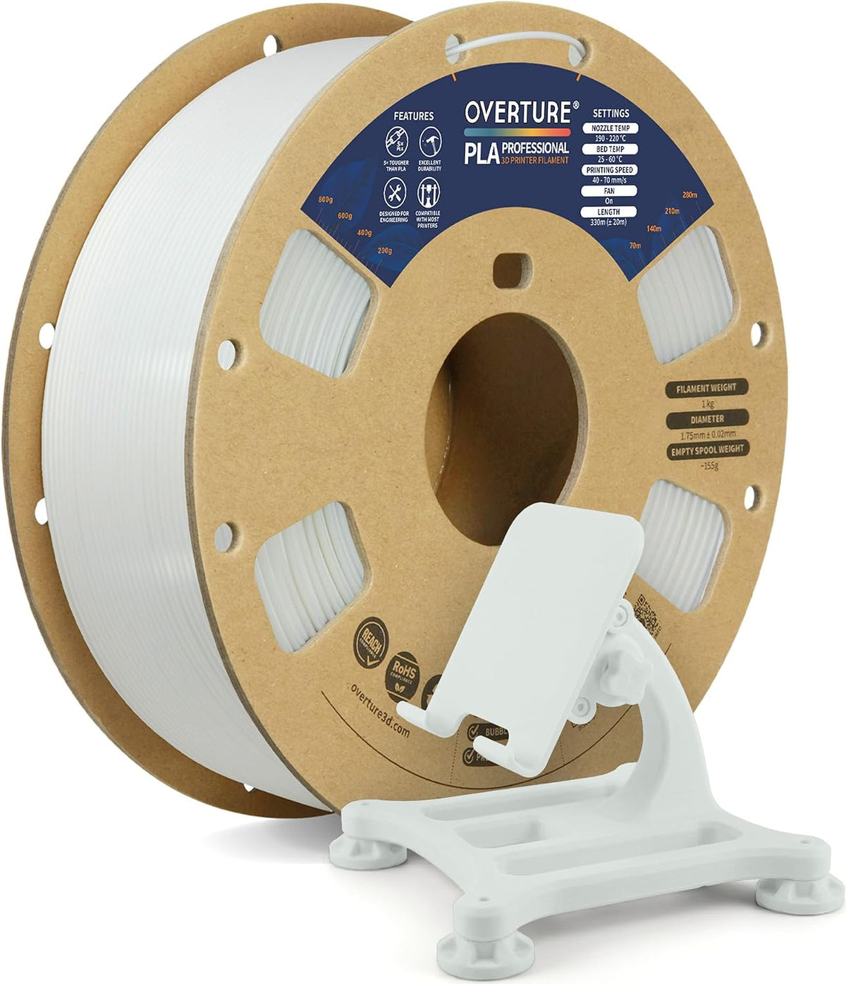 OVERTURE Super PLA Plus White filament spool for fixtures labels and everyday functional prints