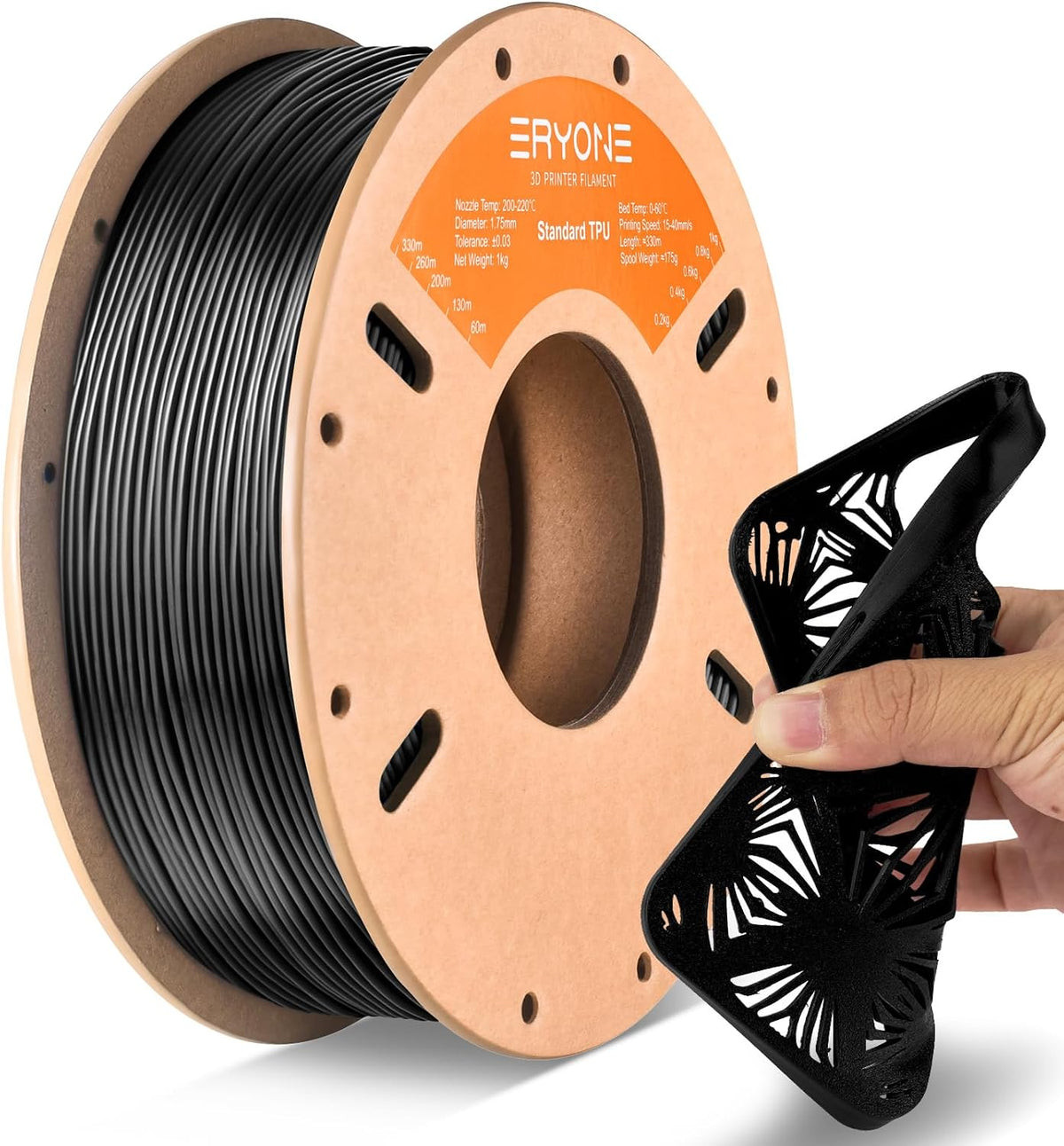 ERYONE TPU Filament 1.75mm +/-0.03mm Flexible TPU Roll, 95A Soft 3D Printer Filament 1kg Spool(2.2 lbs), Black