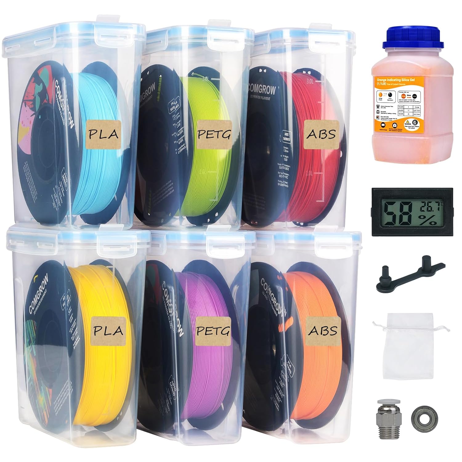 Comgrow 3D Printer Filament Storage Box, 6PCS DIY Filament Container for 3D Printing Sealing and Protection, Portable Storage Box with Desiccants Thermo-Hygrometer and Bearings 4.0L(9.45 * 8 * 3in)