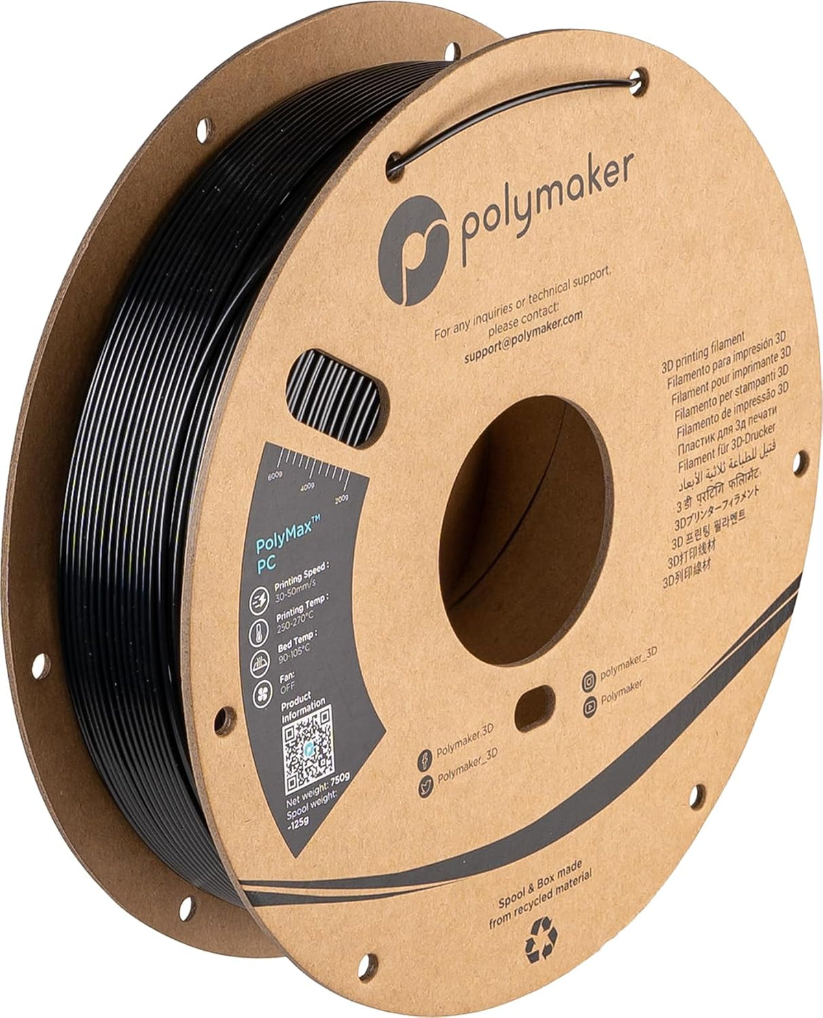 Polymaker PolyMax PC Black polycarbonate filament spool for enclosed high-temperature 3D printers