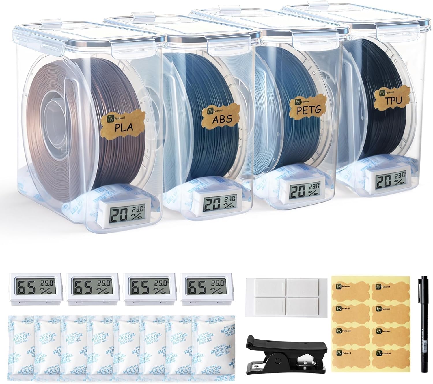 4-pack filament storage boxes with hygrometers for sealed spool storage