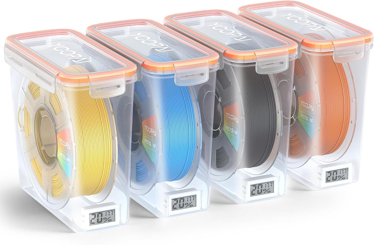 Four YOOPAI Pro filament storage boxes with individual humidity monitors for standard 1 kg spools