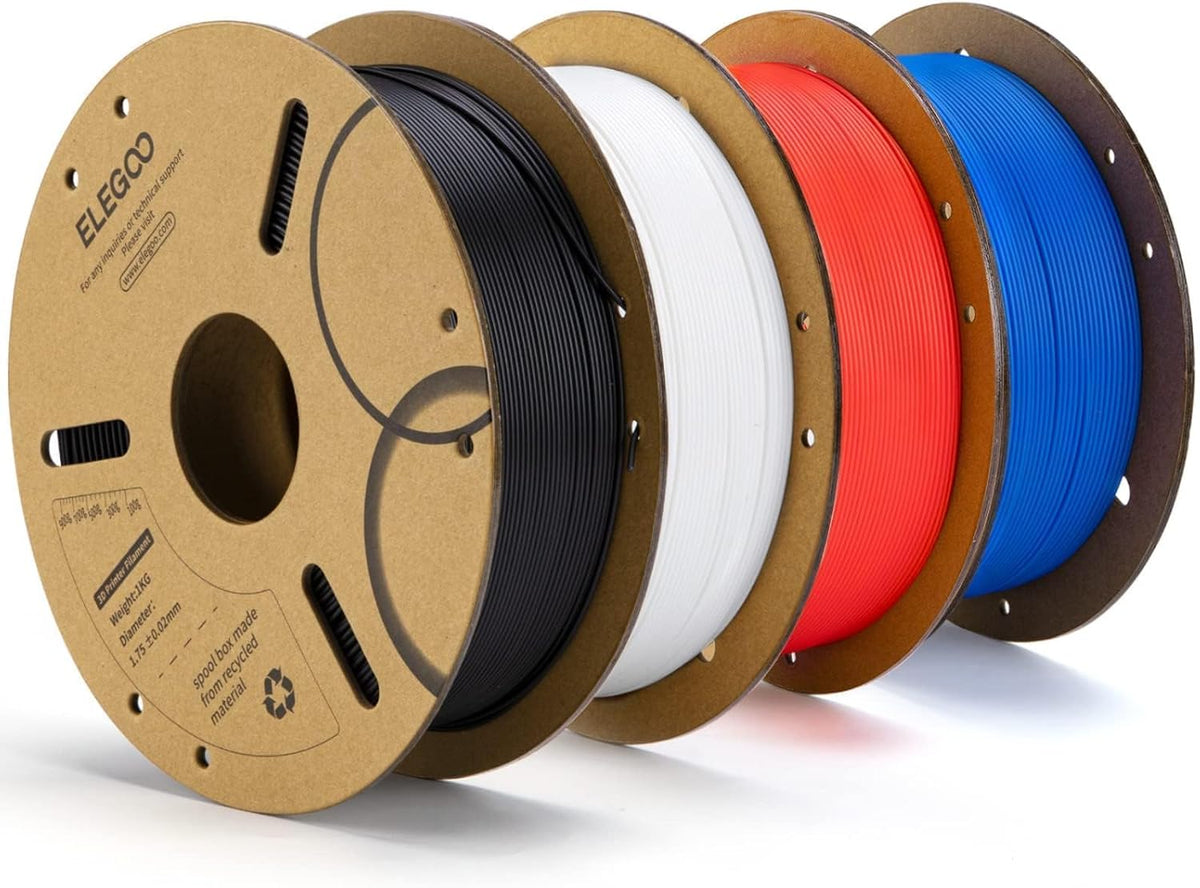 Black, white, dark blue, and red spools in the ELEGOO PLA 4 kg filament bundle