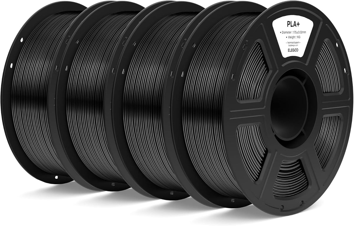 Four black one-kilogram spools in the ELEGOO PLA Plus 4 kg filament bundle