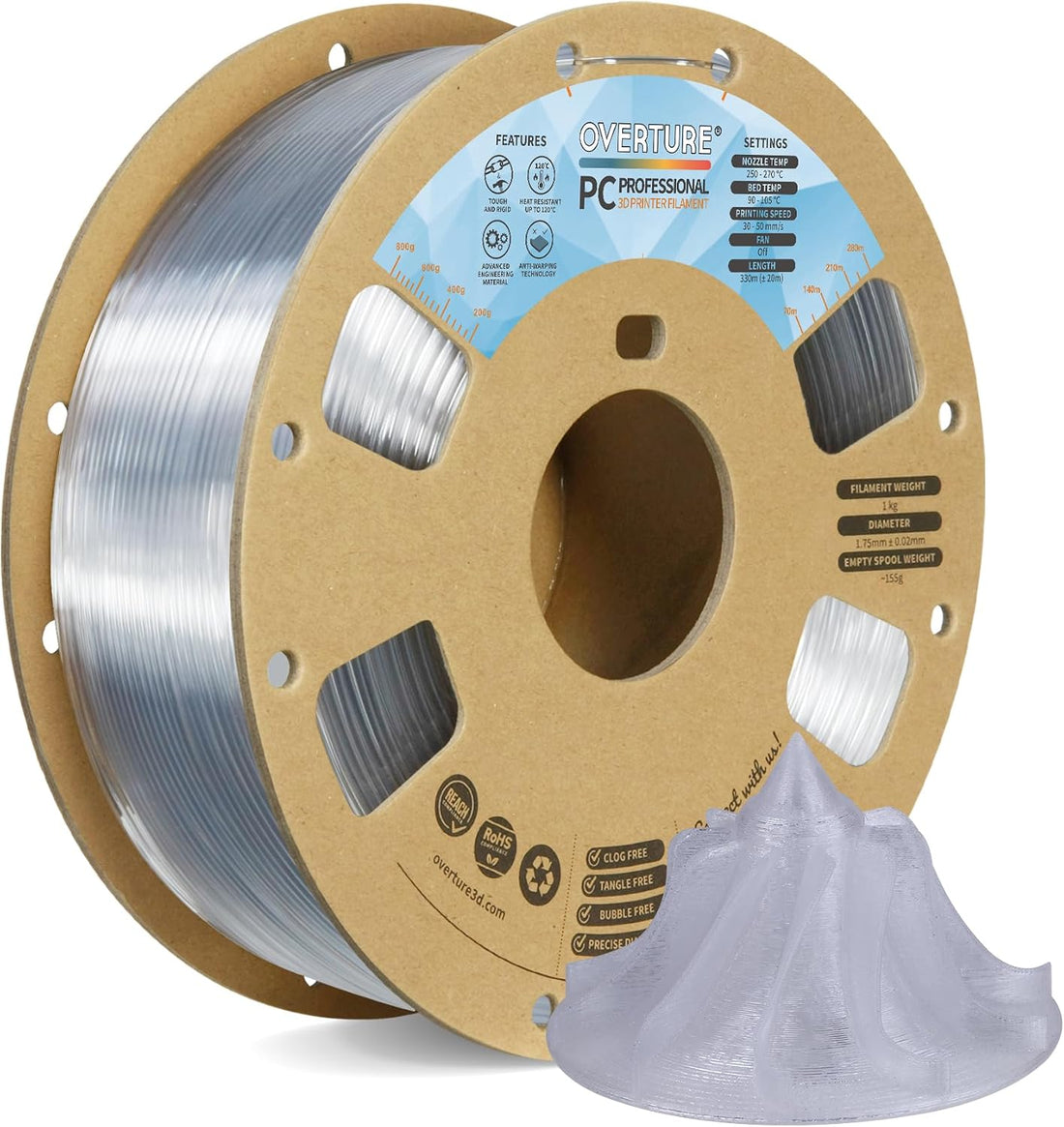 OVERTURE PC Professional transparent polycarbonate filament spool for semi-clear 3D printed guards and covers