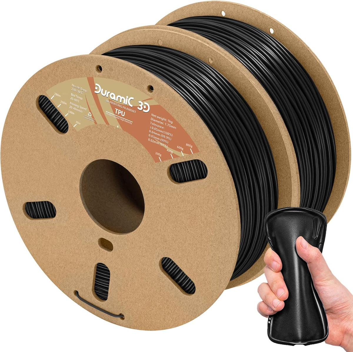 Two black one-kilogram spools of DURAMIC 3D TPU 95A flexible filament