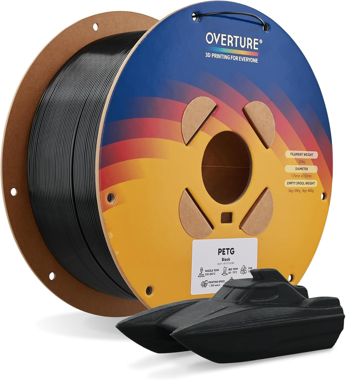 OVERTURE PETG 3D Printer Filament 1.75mm, Neatly Wound Durable PETG 2kg Spool (4.4lbs), Strong Toughness Filament, Dimensional Accuracy +/- 0.02mm, Fit Most FDM Printers (Black 1 Pack)
