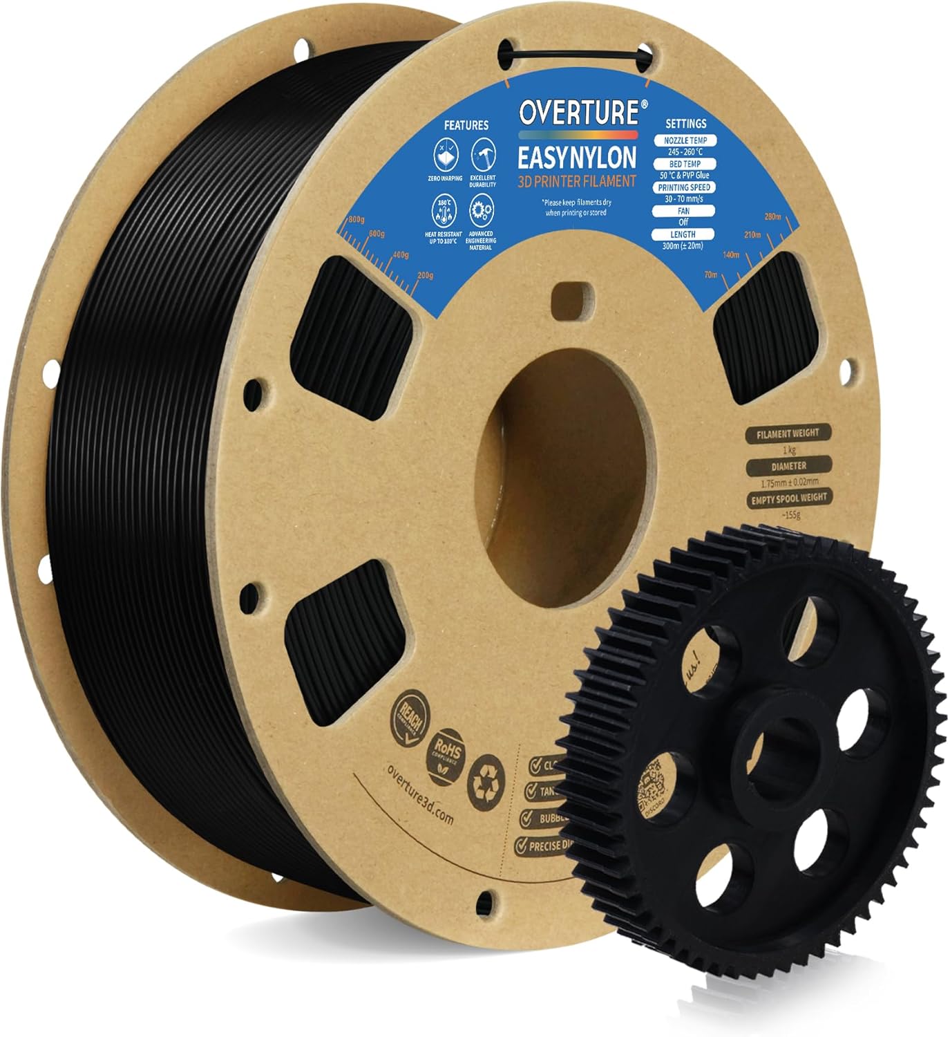 Overture Nylon filament spool for tougher functional 3D printed parts