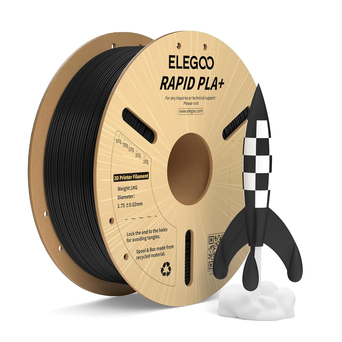 ELEGOO Rapid PLA Plus Black filament spool for faster everyday utility printing on modern high-speed 3D printers