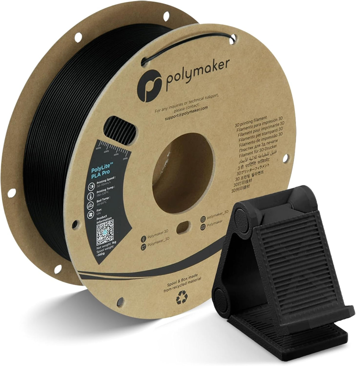 Polymaker PolyLite PLA Pro black filament spool for stronger everyday utility printing