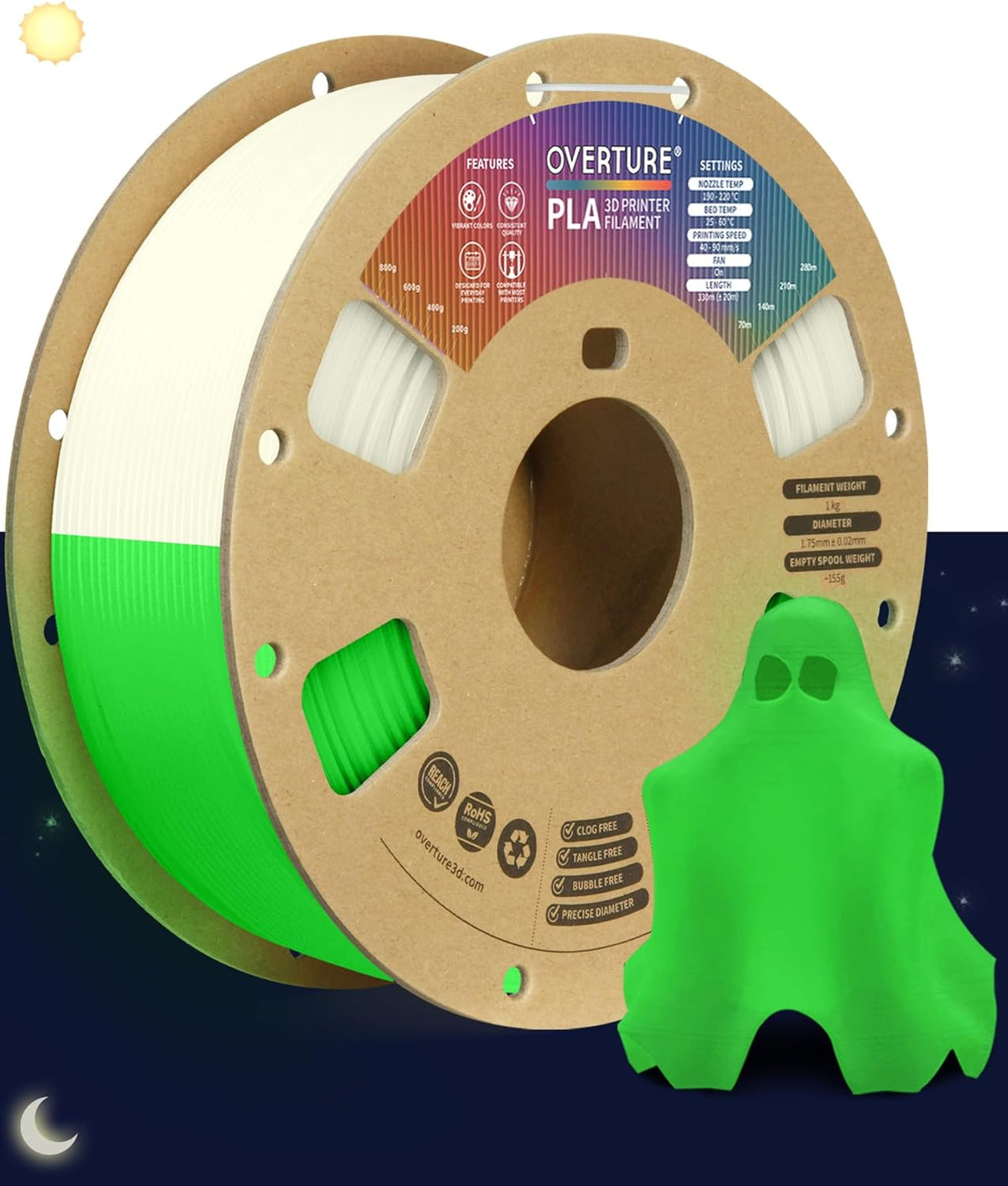 OVERTURE Glow PLA filament for signs, props, labels, and glow-in-the-dark specialty 3D prints