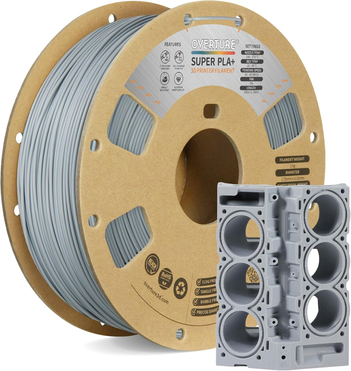 OVERTURE Super PLA Plus light gray 1.75 mm filament spool for tougher indoor functional 3D prints