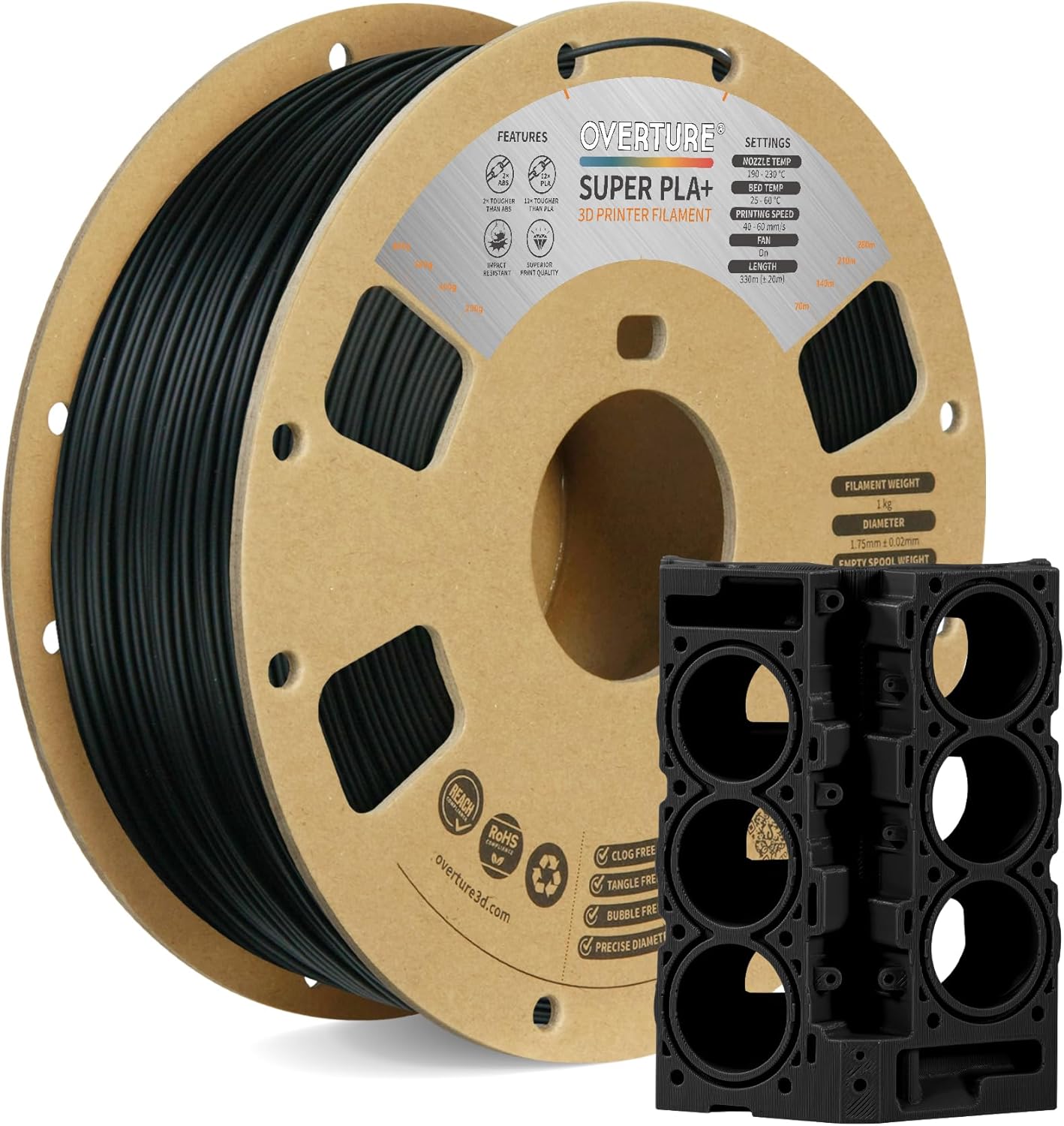 OVERTURE Super PLA+ Filament 1.75mm, Toughness Enhanced PLA Plus, Professional Toughness 3D Printer Filament 1kg (2.2lbs), High Precision +/- 0.02mm (Black)