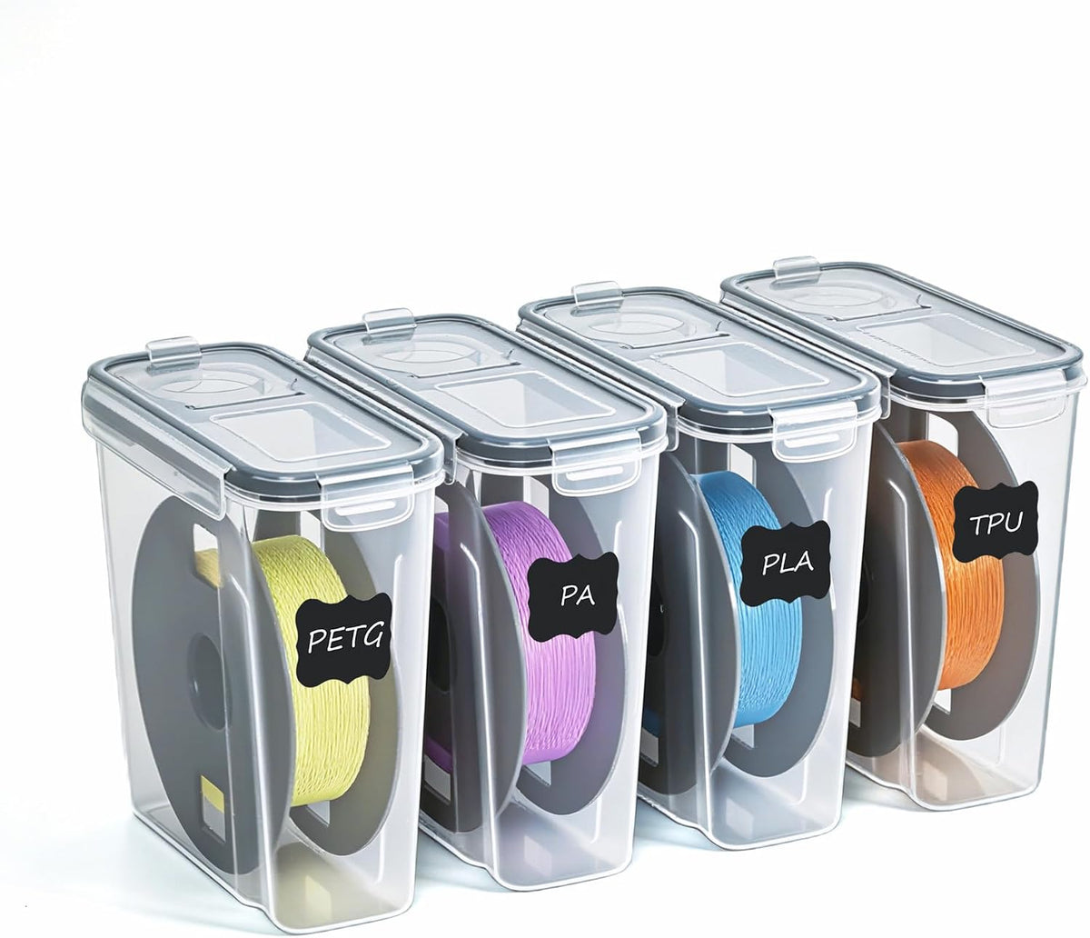 AMZPro four-pack airtight filament storage boxes with desiccant bags and labels