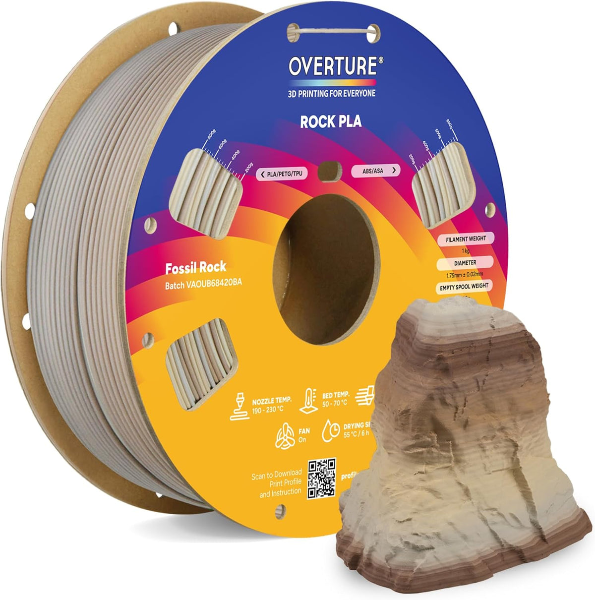 OVERTURE Rock PLA Filament 1.75mm, Marble PLA 3D Printer Filament 1kg Spool (2.2lbs), Dimensional Accuracy +/- 0.02 mm, Fit Most FDM Printer (Fossil Rock)