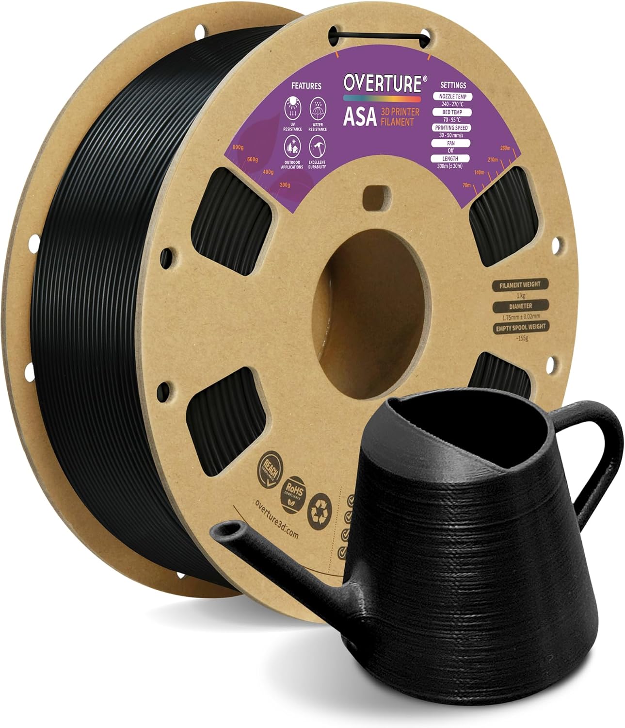 OVERTURE ASA filament spool for outdoor and higher-heat functional 3D printing parts