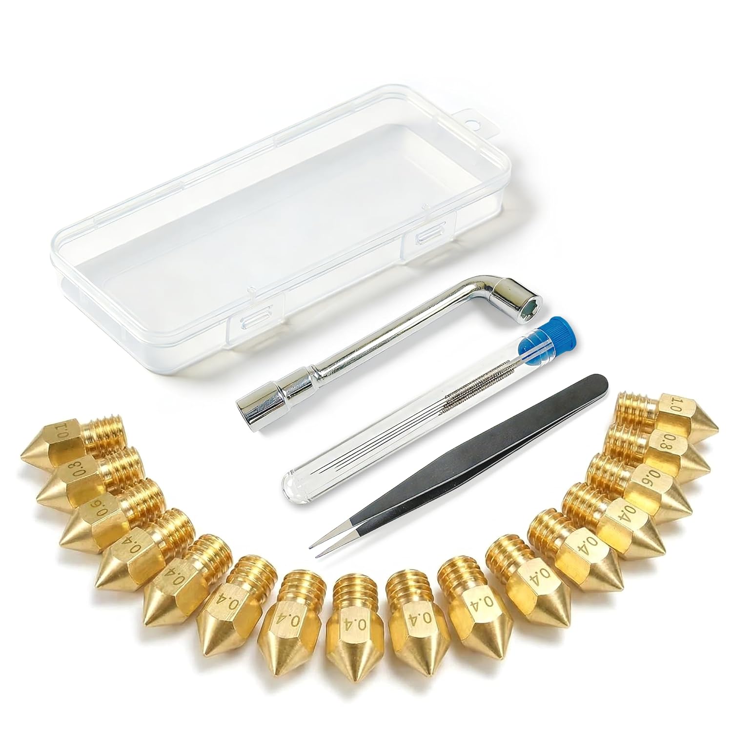 MK8 brass nozzle kit with 0.4, 0.6, and 0.8 mm nozzles for a functional-part size comparison