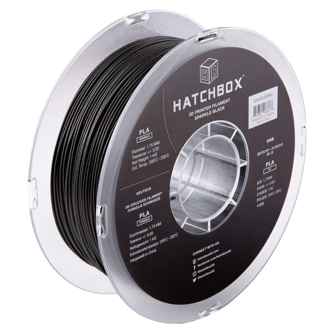 HATCHBOX Sparkle Black PLA 1.75 mm 1 kg filament spool