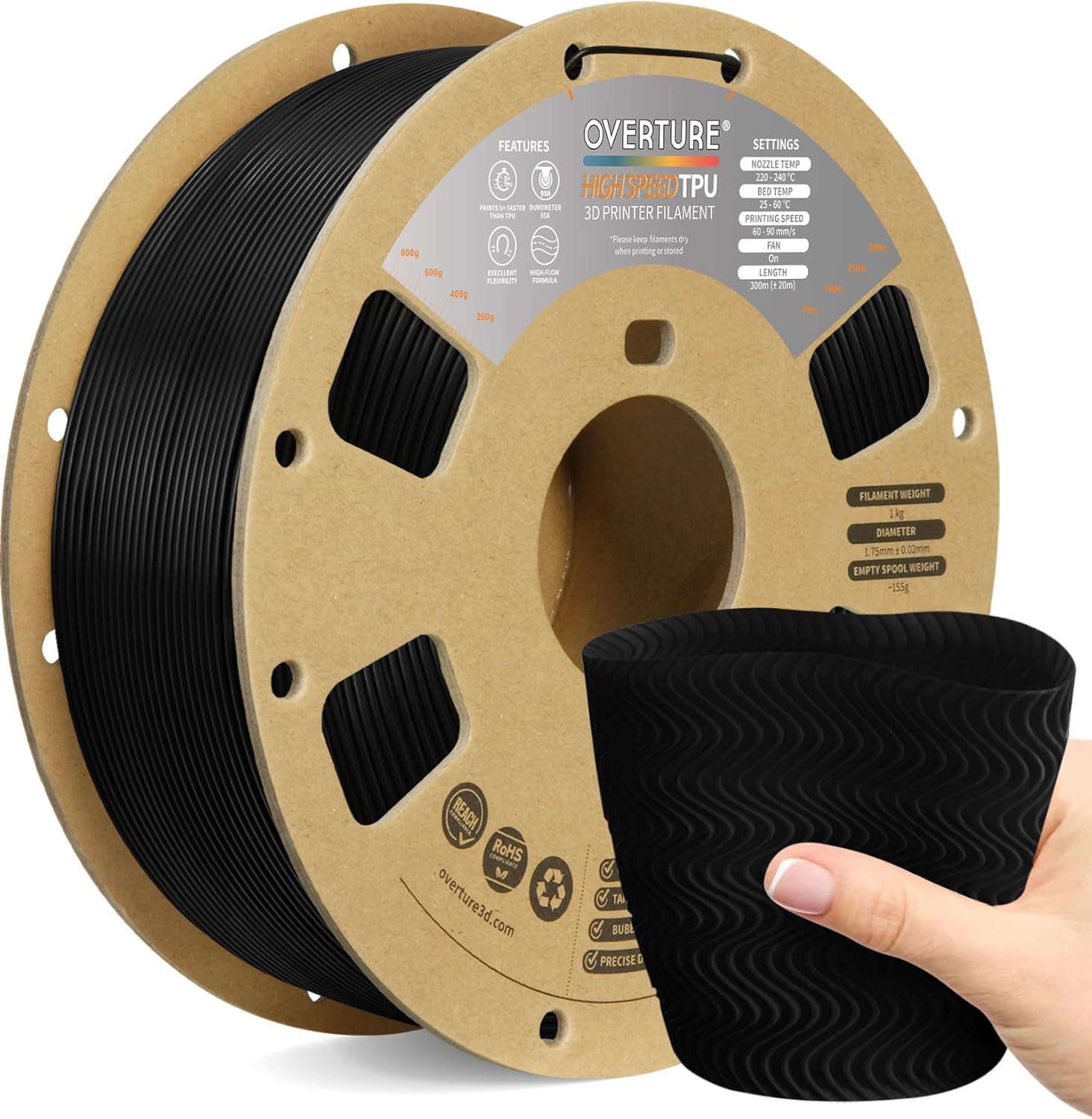 OVERTURE TPU High Speed Filament 1.75mm Flexible Roll, 95A Soft 3D Printer Filament, 1kg Spool (2.2 lbs), Fit Most FDM Printer (HS TPU Black)