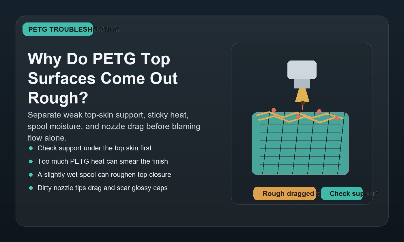 Illustration of a PETG 3D print with a rough dragged top surface, showing weak support, heat, moisture, and nozzle drag as likely causes.