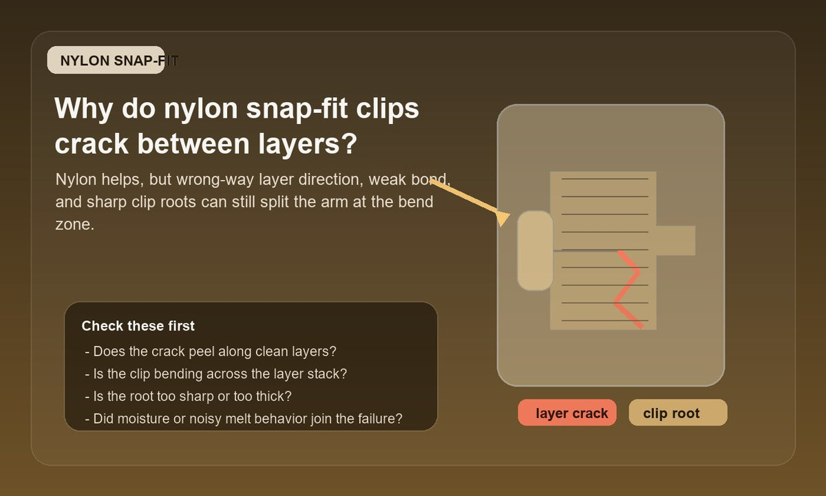 Illustration of a nylon snap-fit clip cracking along the layer lines at the clip root during flex.