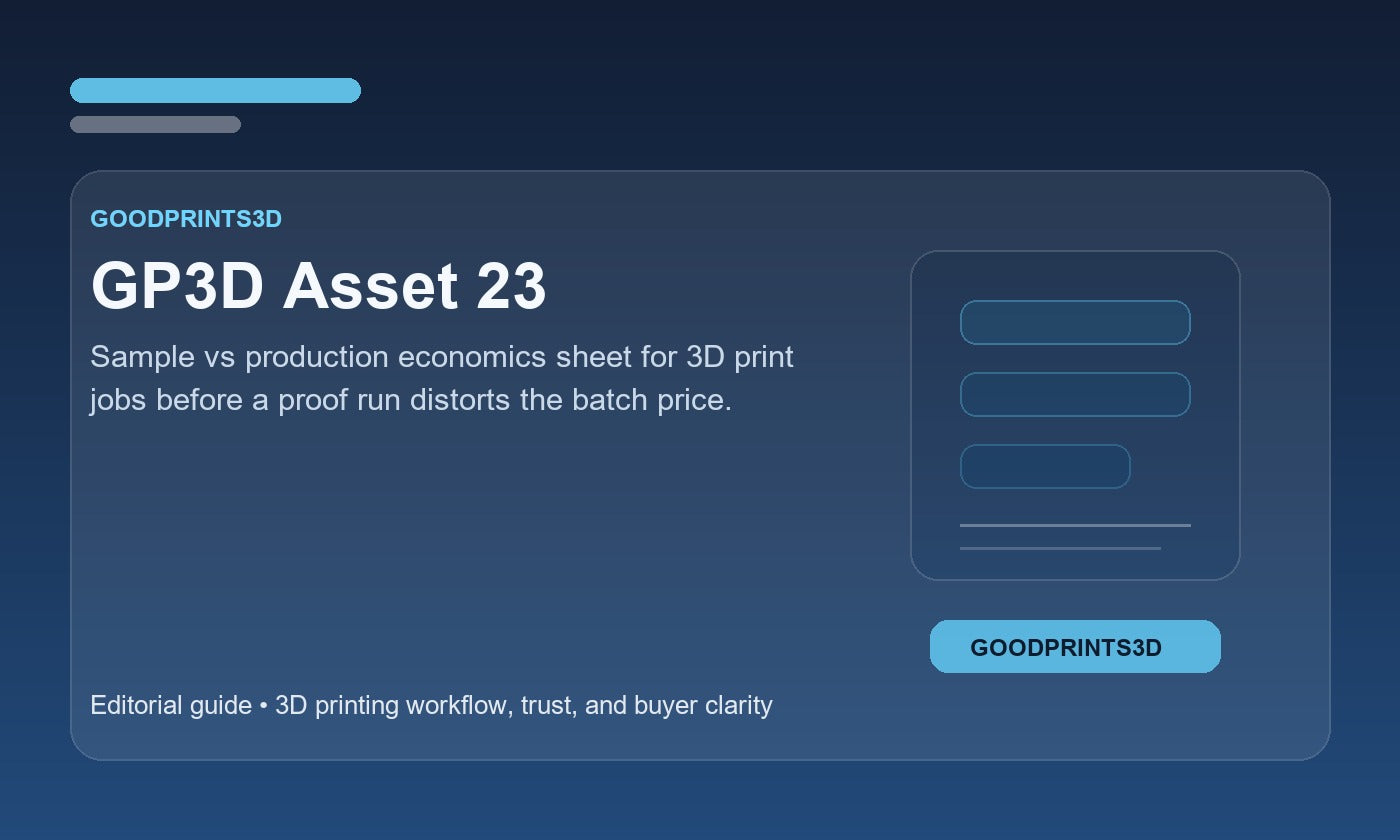 Branded GoodPrints3D article image for GP3D Asset 23, a sample versus production economics sheet for 3D print jobs.