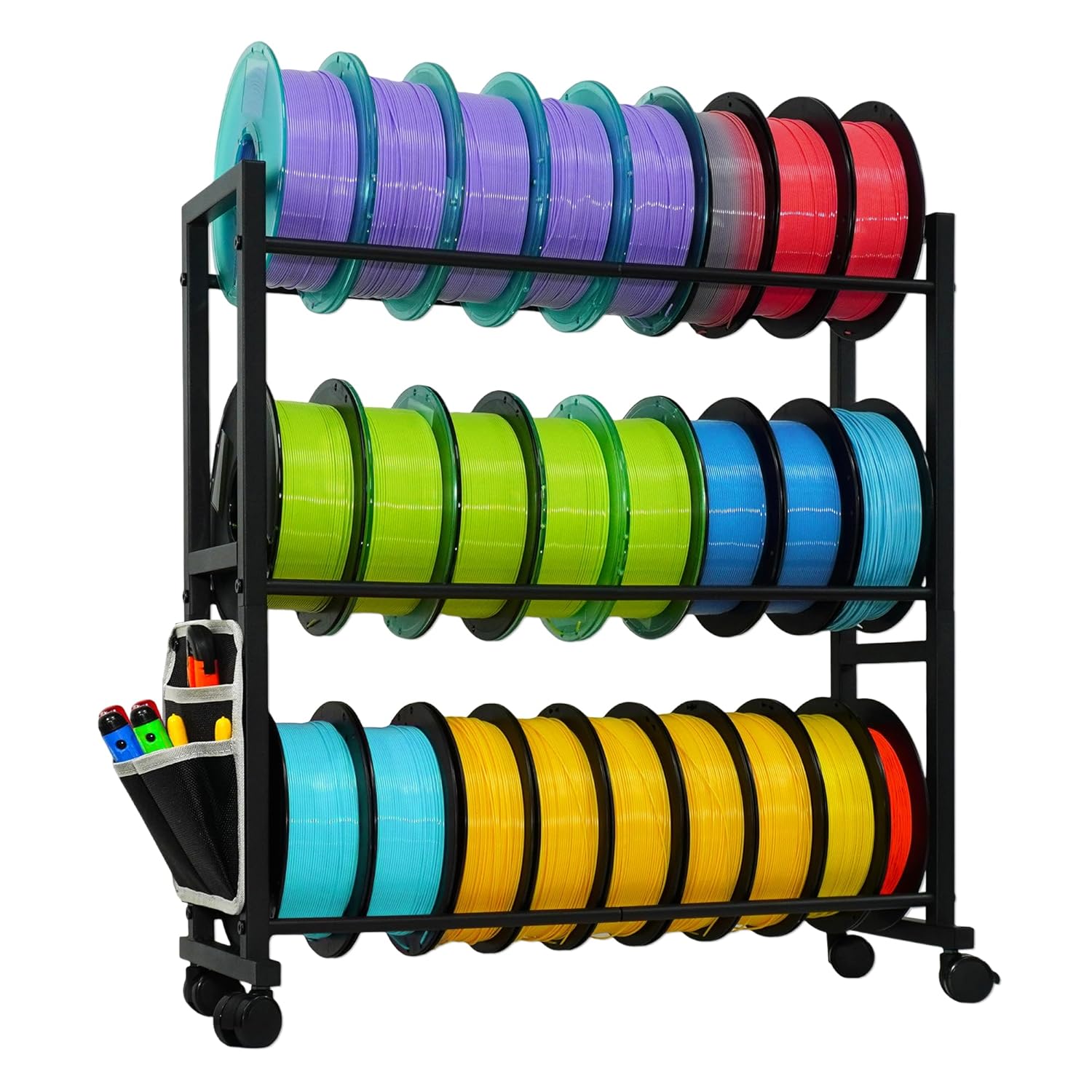 3-tier 3D printer filament storage rack with tool pocket and multiple spool shelves