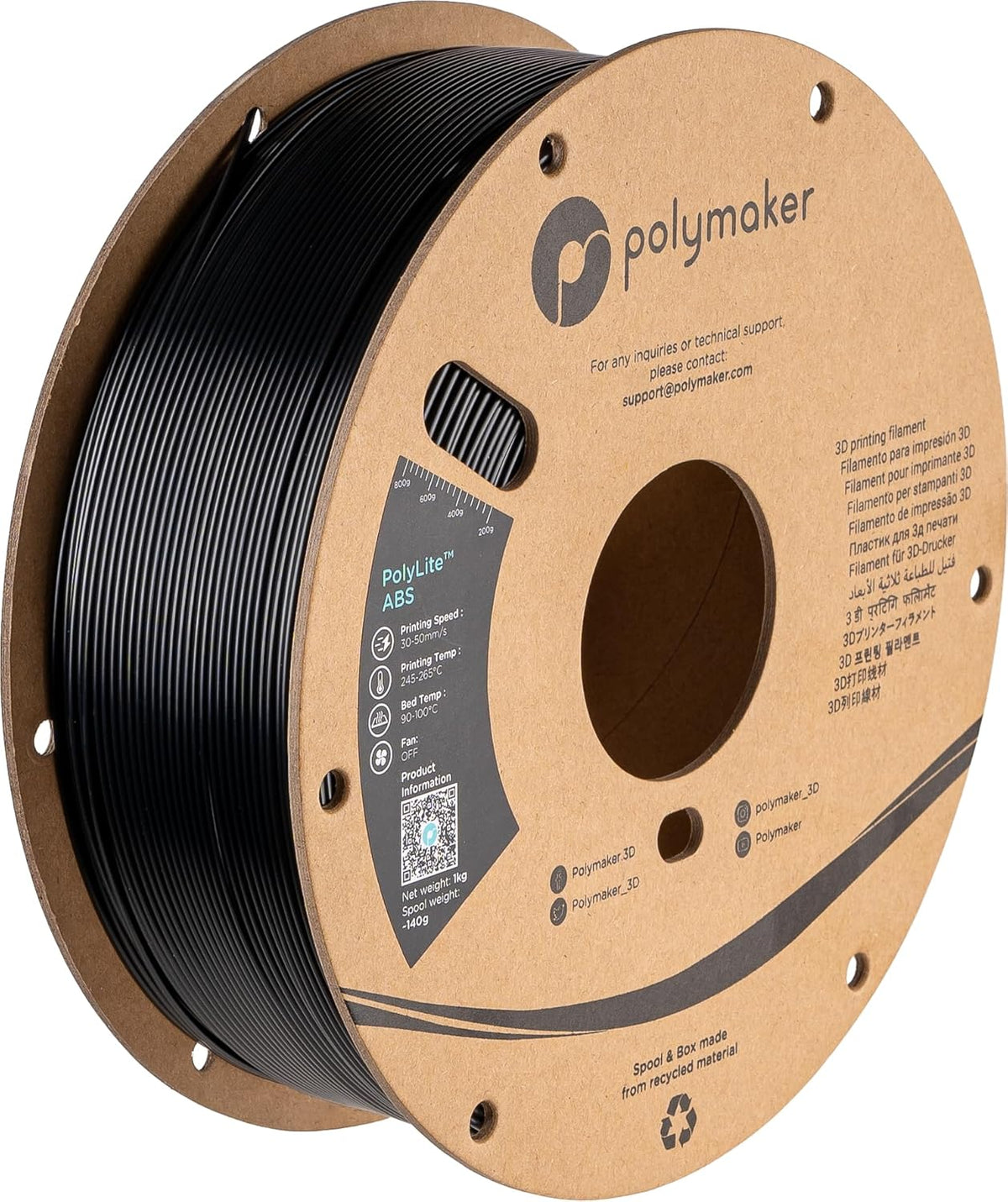 Polymaker PolyLite ABS black filament spool for enclosed-printer functional parts