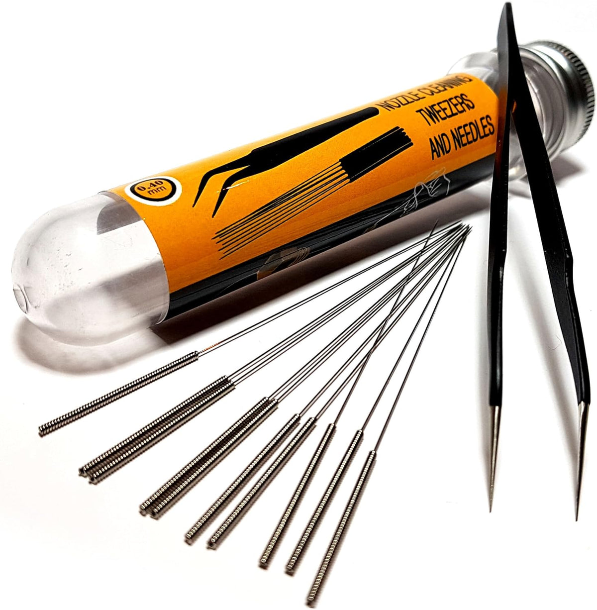 3D printer nozzle cleaning kit with 0.4mm needles and tweezers