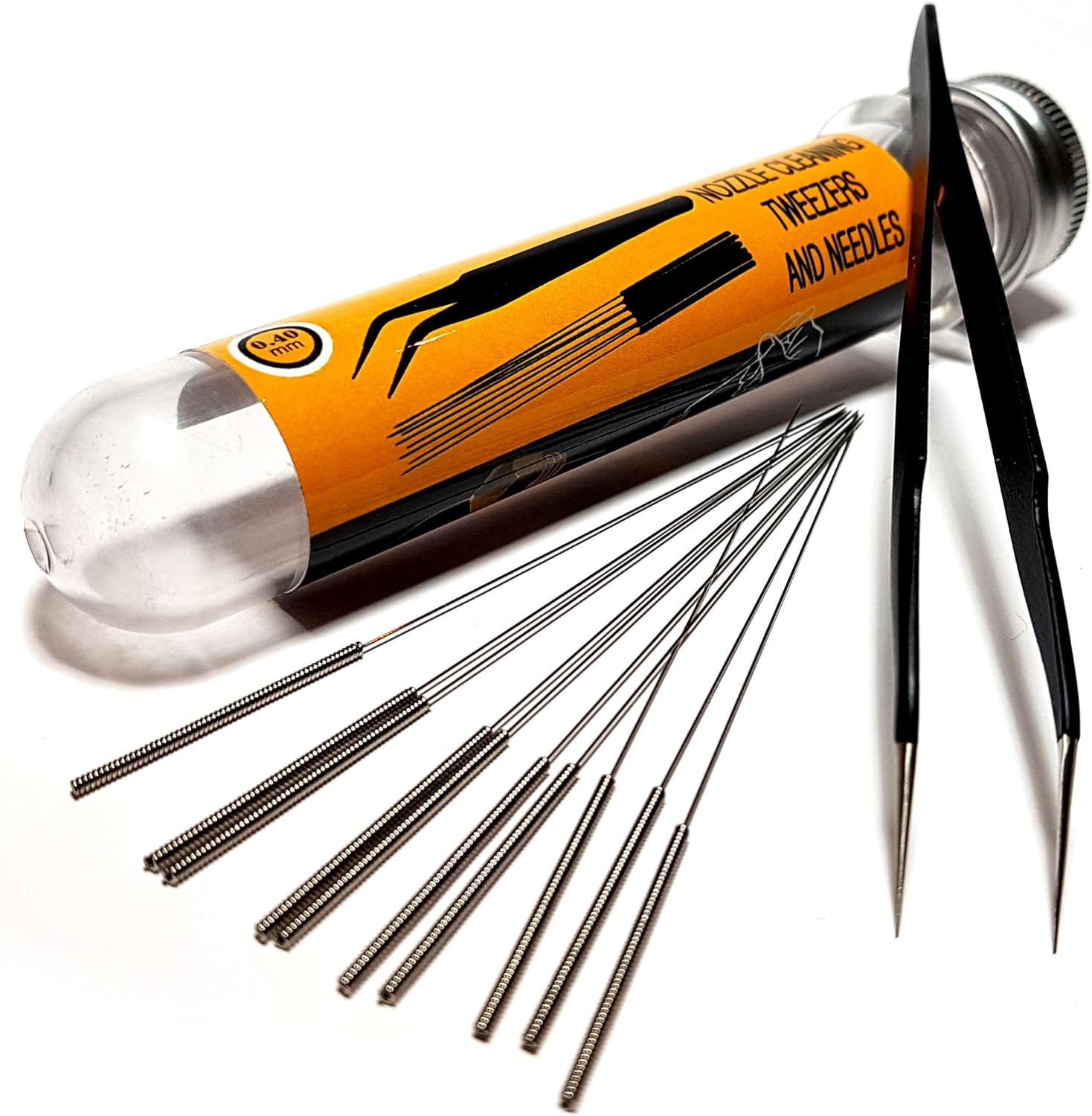 3D printer nozzle cleaning kit with 0.4 mm needles and tweezers
