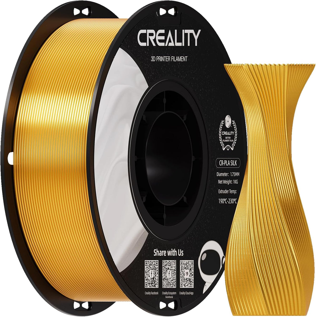 Creality Silk PLA Filament 1.75mm Gold, Shiny Metallic 3D Printer Filament 1Kg Spool, Dimensional Accuracy +/- 0.02mm, Compatible with Most FDM 3D Printers(Gold)
