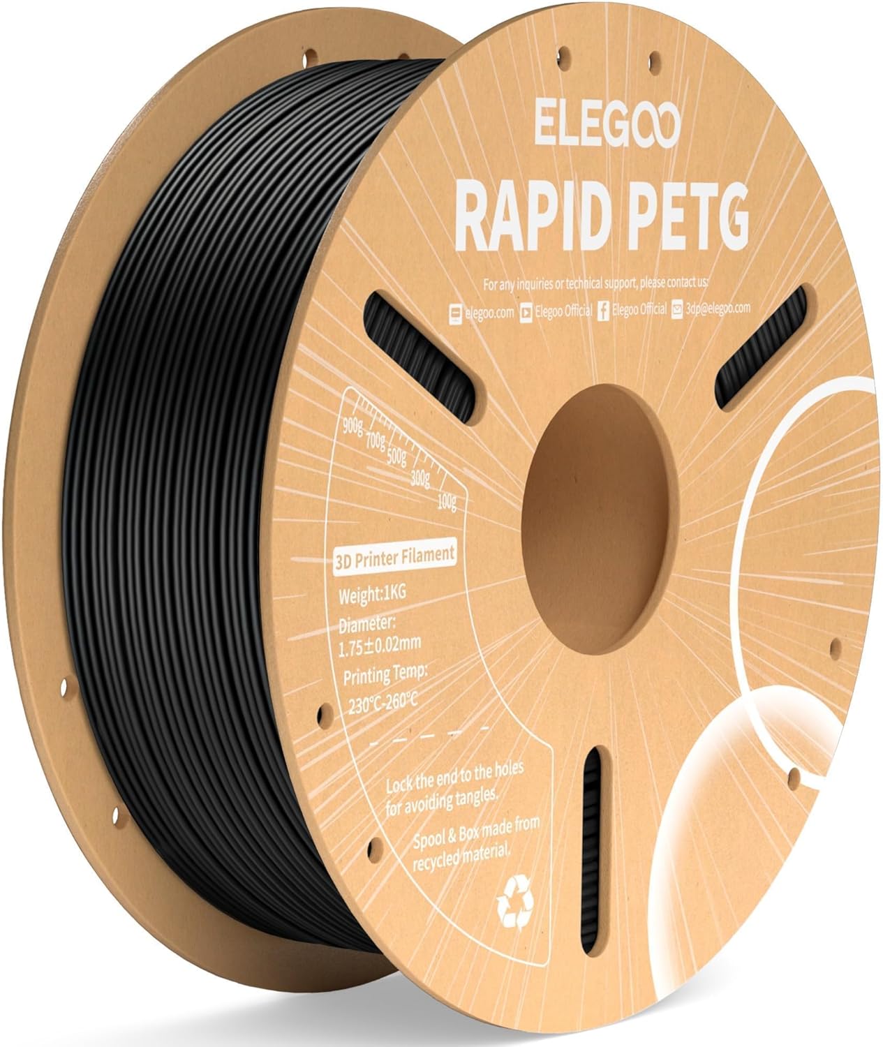 ELEGOO Rapid PETG 1.75 mm black 1 kg filament spool for fast functional PETG printing