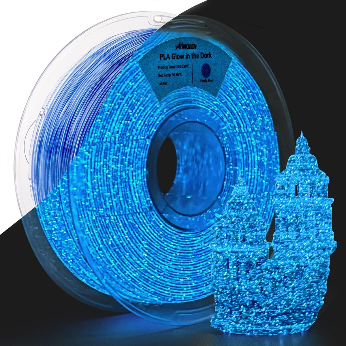 AMOLEN 3D PLA Printer Filament, 1.75mm Glow in The Dark Shiny Firefly Blue PLA Filament for 3D Printing, Best with UV Lamps, 1kg Spool (2.2lbs), Dimensional Accuracy +/- 0.02 mm, Fit Most 3D Printers