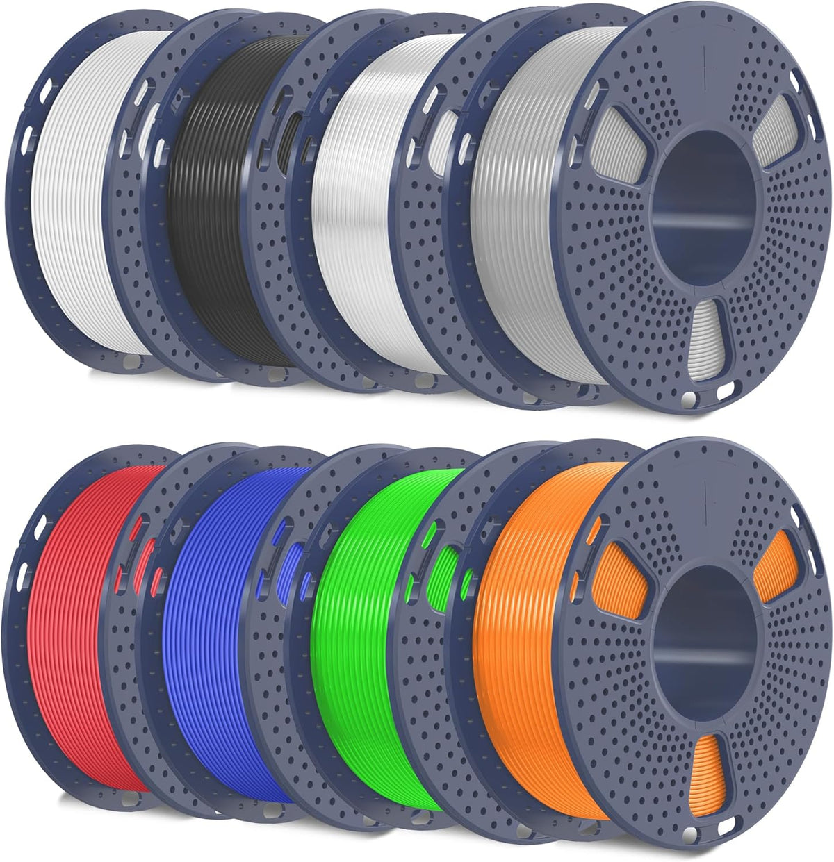 SUNLU High Speed TPU 95A eight-color filament bundle with black white grey red transparent blue green and orange spools