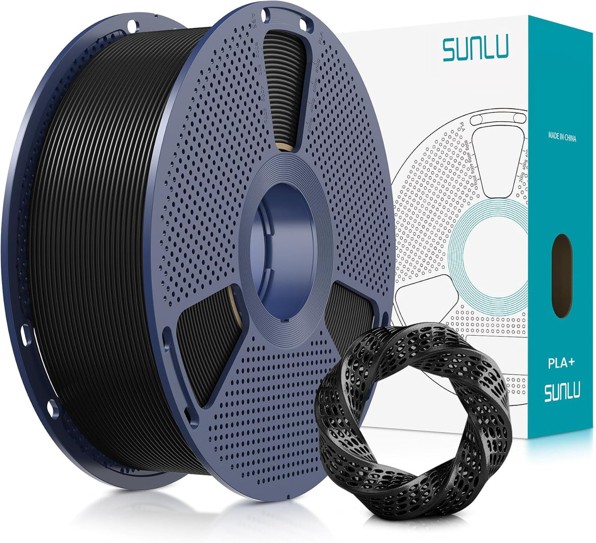 SUNLU PLA Plus black filament spool for tougher everyday utility prints and maker bench parts