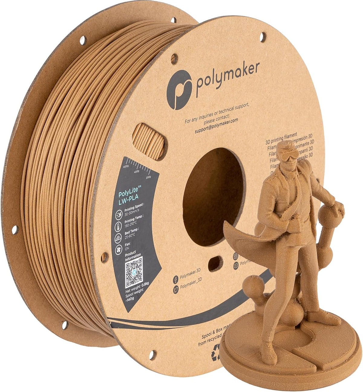 Polymaker Light Weight PLA Filament 1.75mm Wood 0.8kg, PolyLite 3D Printer PLA Filament Wood Low Density, Print with Most 3D Printers
