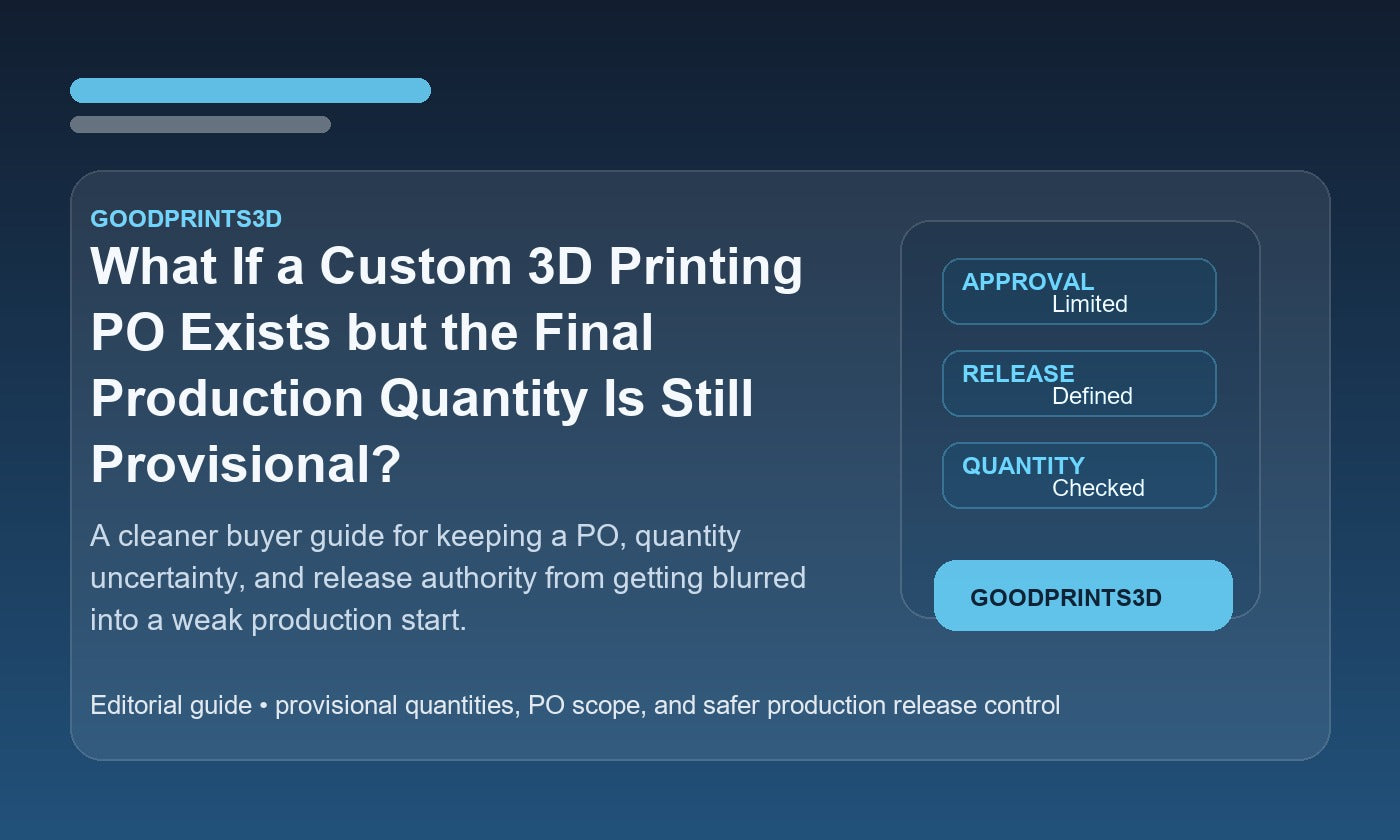 Branded GoodPrints3D article image for a guide about a custom 3D printing PO existing while the final production quantity is still provisional.