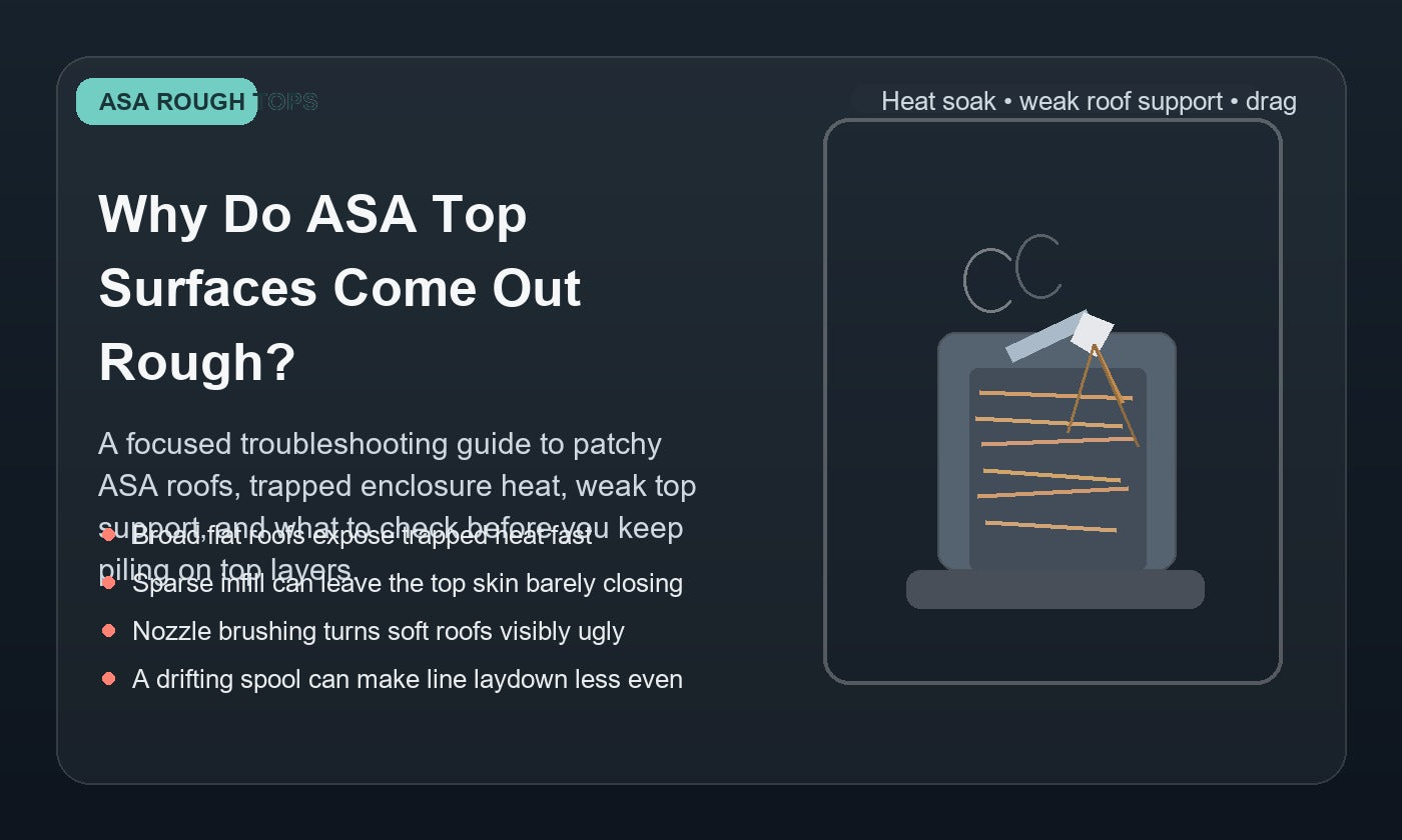 Illustration of a rough ASA top surface on a 3D printed part showing patchy top skin, dragged lines, and a nozzle brushing a slightly heat-softened roof.