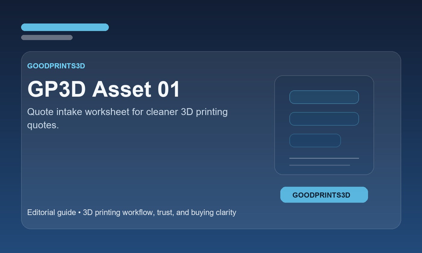 Branded GoodPrints3D article image for GP3D Asset 01, a quote intake worksheet for cleaner 3D printing quotes.