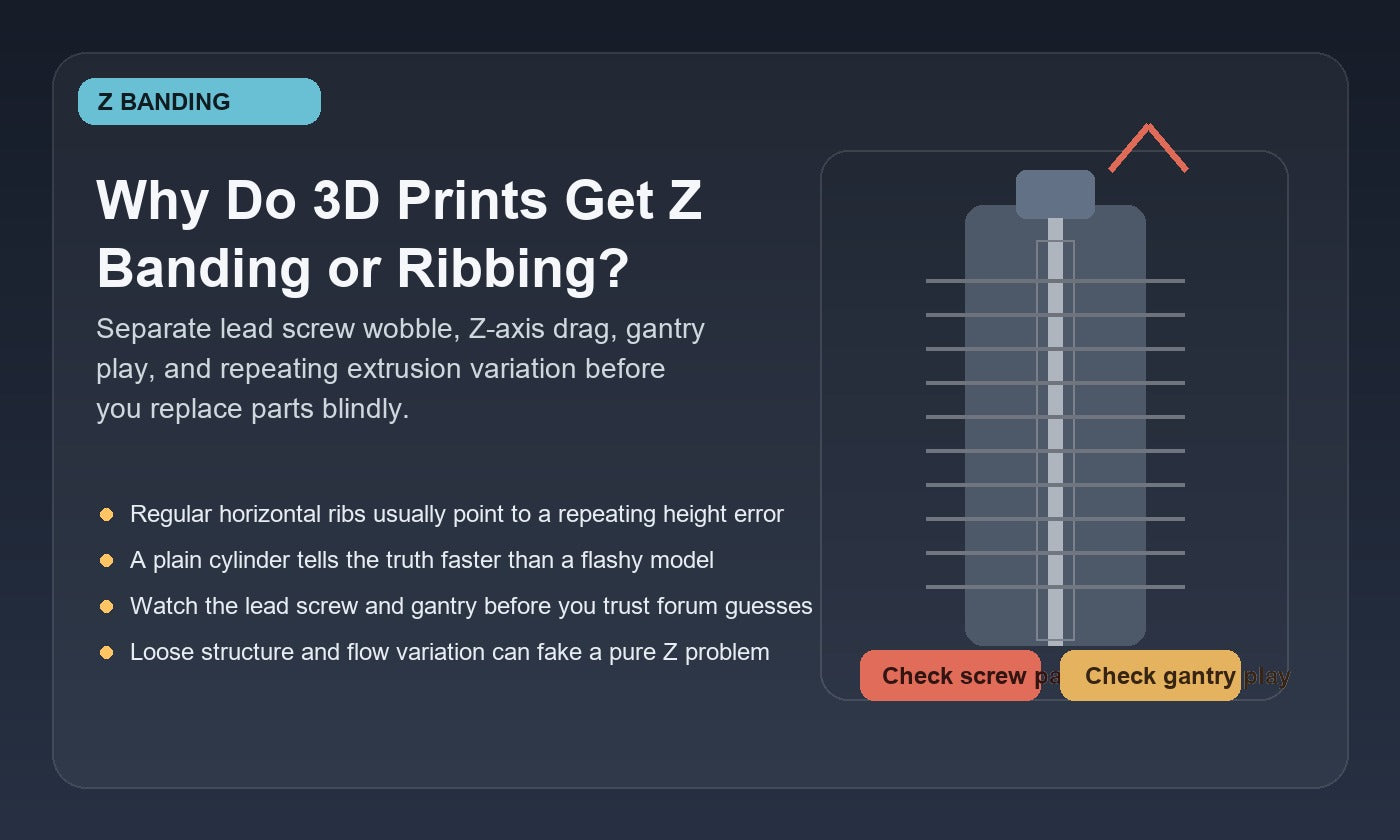 Illustration of a cylindrical 3D print showing repeated horizontal Z banding lines, with callouts for lead screw wobble, Z-axis drag, gantry play, and extrusion variation.