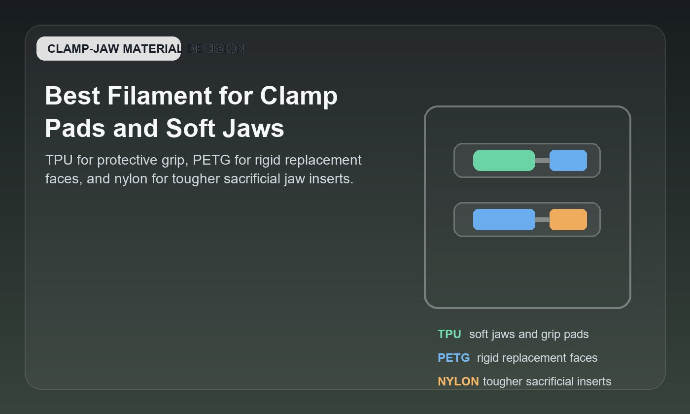 Illustration comparing TPU, PETG, and nylon for 3D printed clamp pads and soft jaws, showing soft protective grip, rigid replacement faces, and tougher sacrificial inserts.