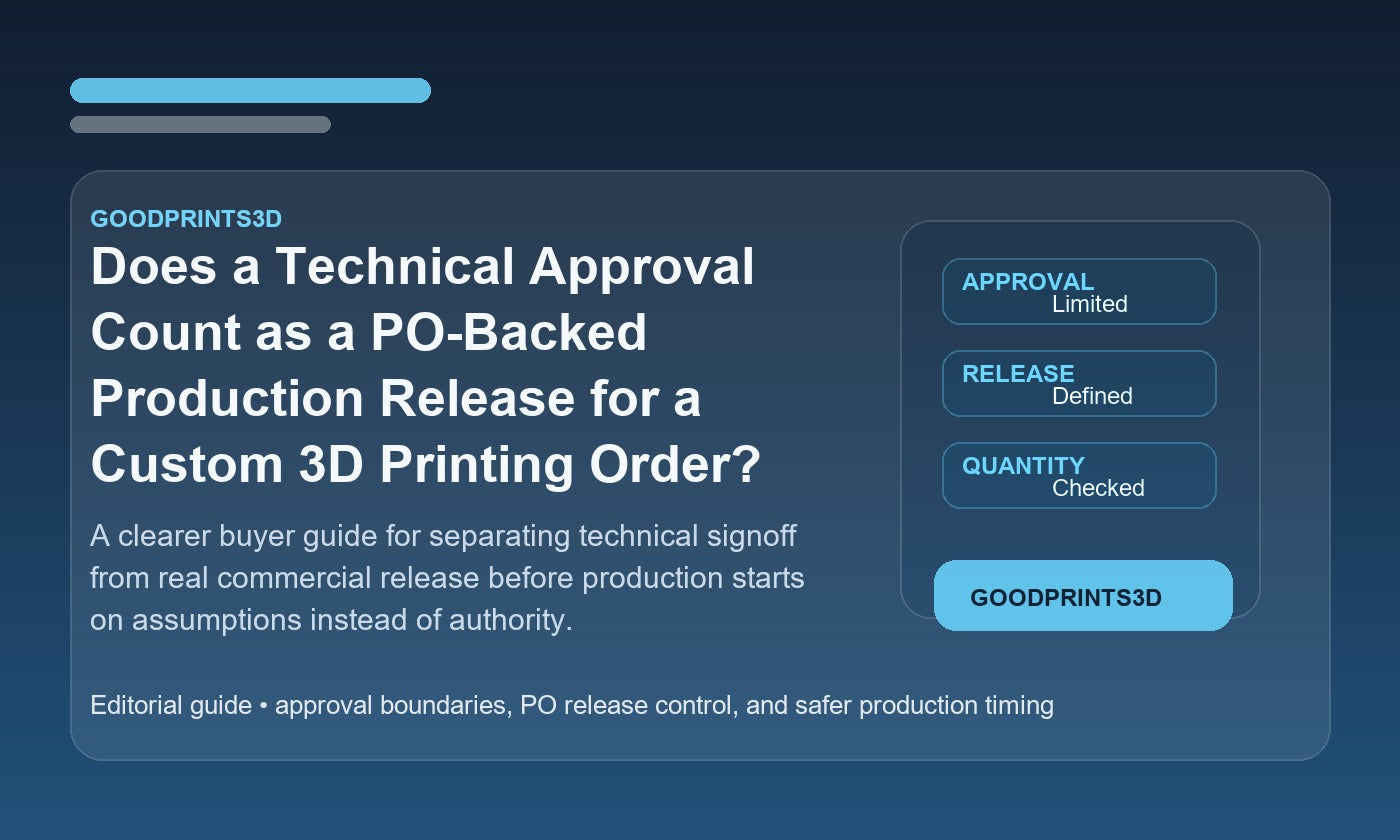Branded GoodPrints3D article image for a guide about whether technical approval counts as a PO-backed production release for a custom 3D printing order.