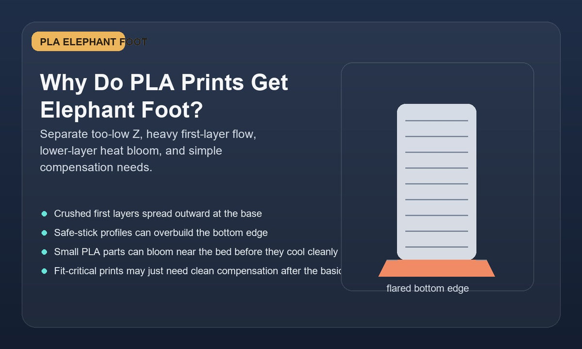 Illustration of a PLA 3D print with elephant foot, showing a flared base near the build plate for PLA elephant foot troubleshooting.