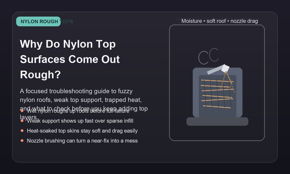 Illustration of a rough nylon top surface with patchy top skin, drag lines, and uneven roof closure on a 3D printed part.