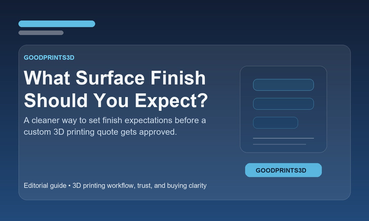 Branded GoodPrints3D article image for a guide about what surface finish to expect from a custom 3D printed part before approving a quote.