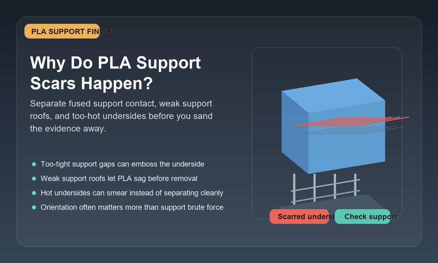 Illustration of a PLA print with a scarred supported underside above support structure, highlighting support contact and underside finish issues.