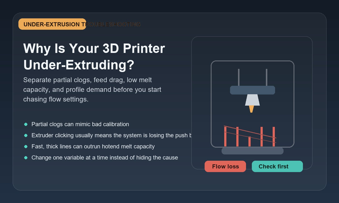 Illustration of 3D print under-extrusion with sparse lines under a nozzle, highlighting clogs, feed drag, and melt-rate limits.