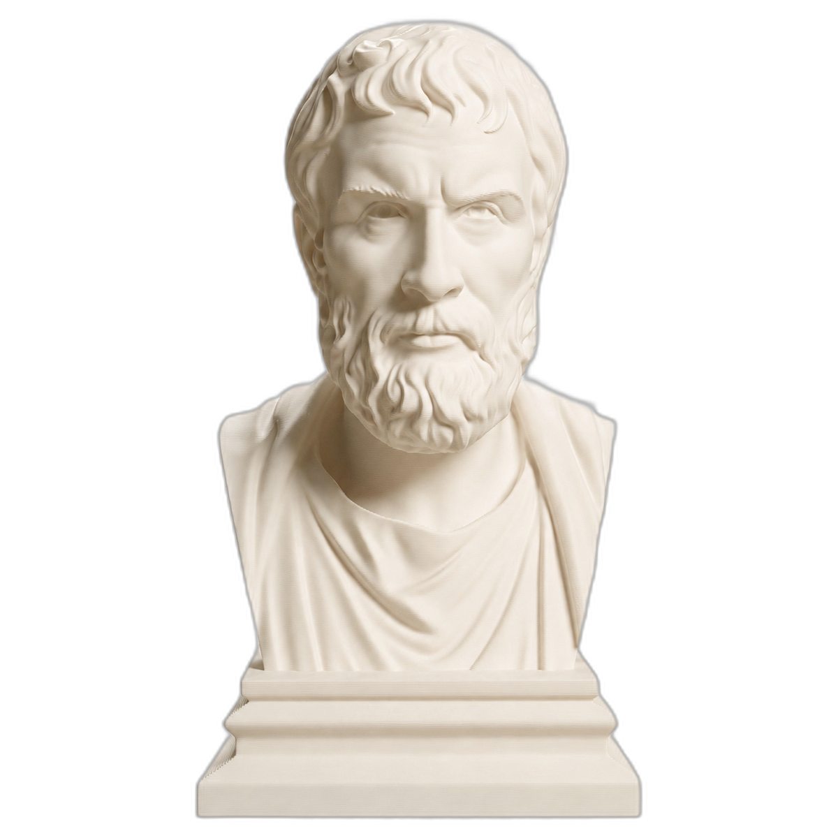 Ivory-white 3D printed Epictetus bust with short hair, a full beard, draped garment, and stepped rectangular plinth against a black background
