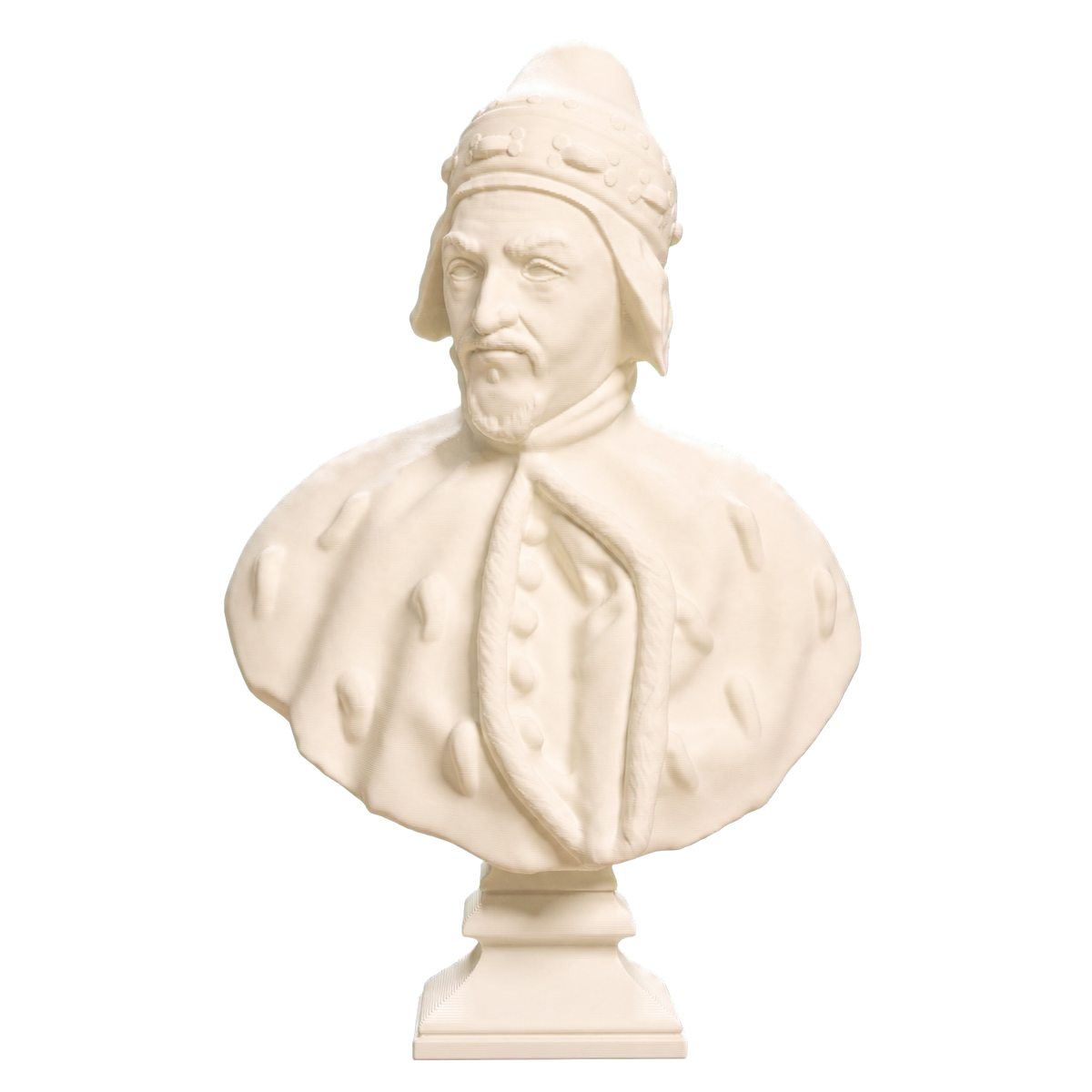 Ivory-white 3D printed bust of Francesco Molin wearing the curved ducal hat, ear flaps, and patterned robes of a Venetian doge